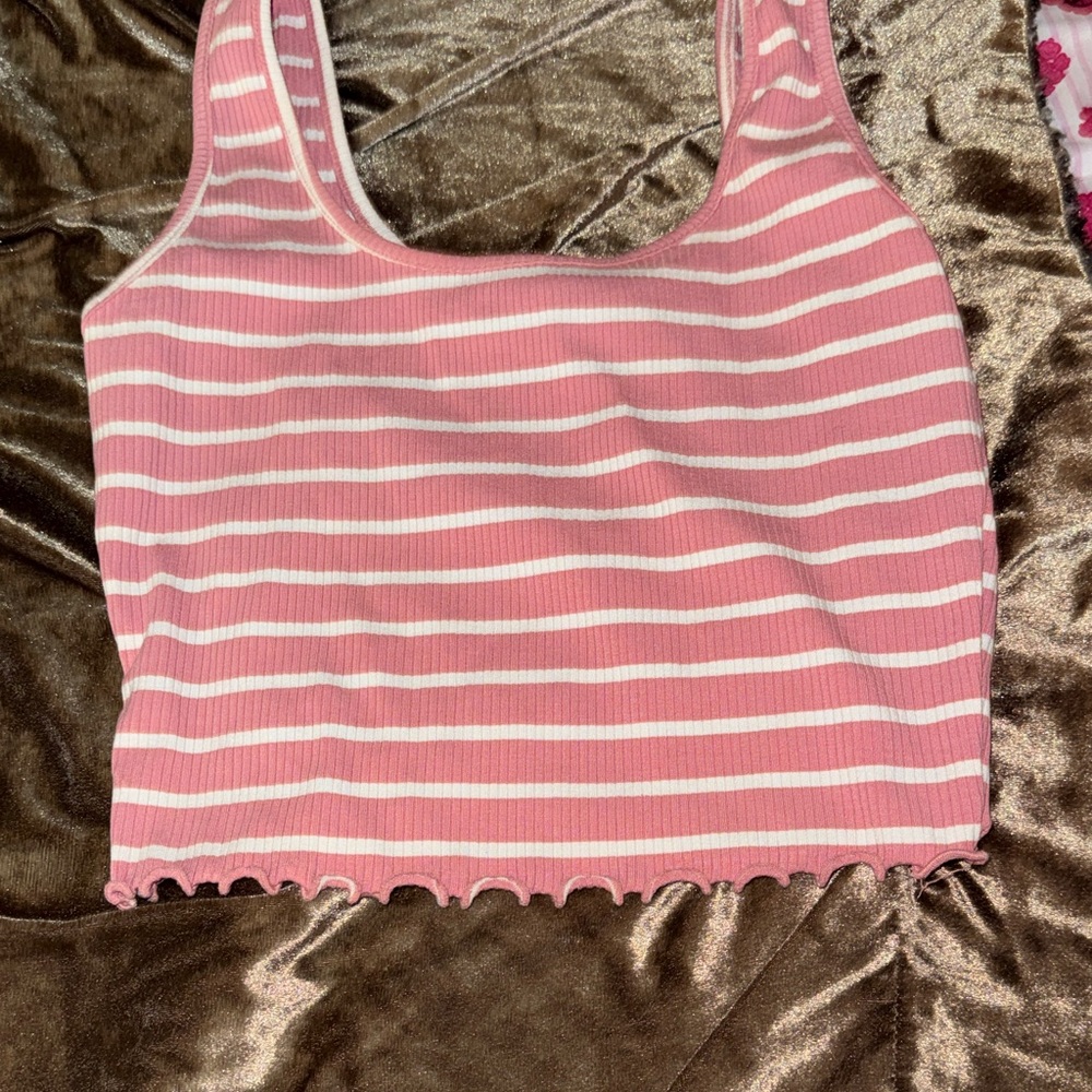 Striped Pink and White Ribbed Crop Tank Top